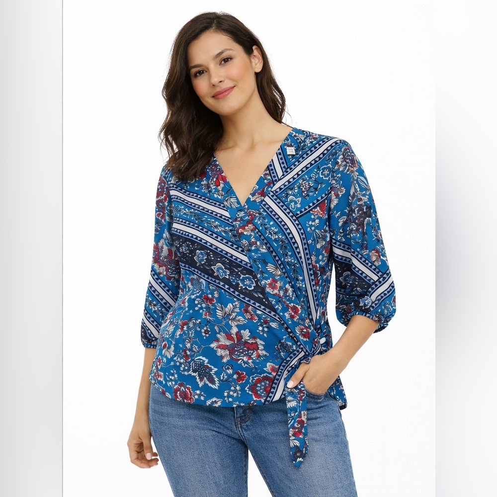 💐 NY&Co Faux Wrap Mixed Print Blouse